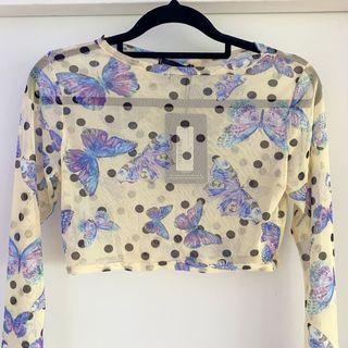 Butterfly Print Mesh Long Sleeve Crop Top