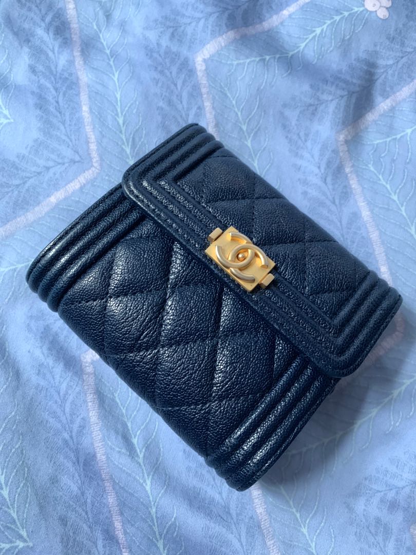 CHANEL Caviar Quilted Large Boy Gusset Flap Wallet Blue 1140573