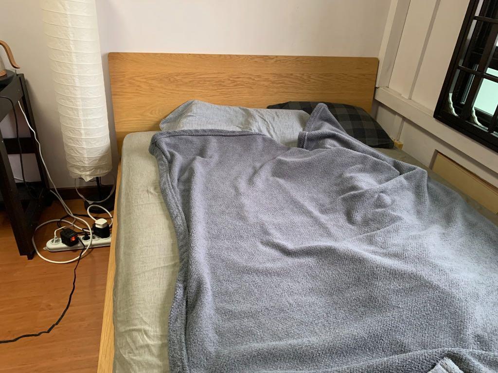 MUJI Double Bed Frame with Headboard + Double Mattress, Furniture