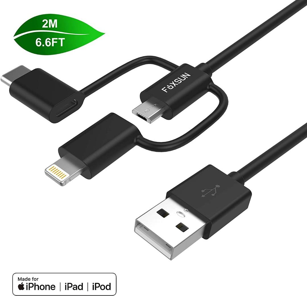 Multi Usb Charging Cable Mfi Certified Nylon Braided Foxsun 6 6 Ft 2m 3 In 1 Multiple Usb Fast Charging Cord With 8pin Lightning Usb Type C Micro Usb Connector For Iphone Ipad Android Devices Black Mobile Phones