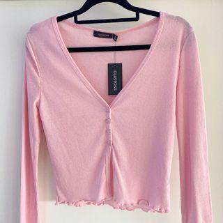 Pink Button Split Front Long Sleeve Top
