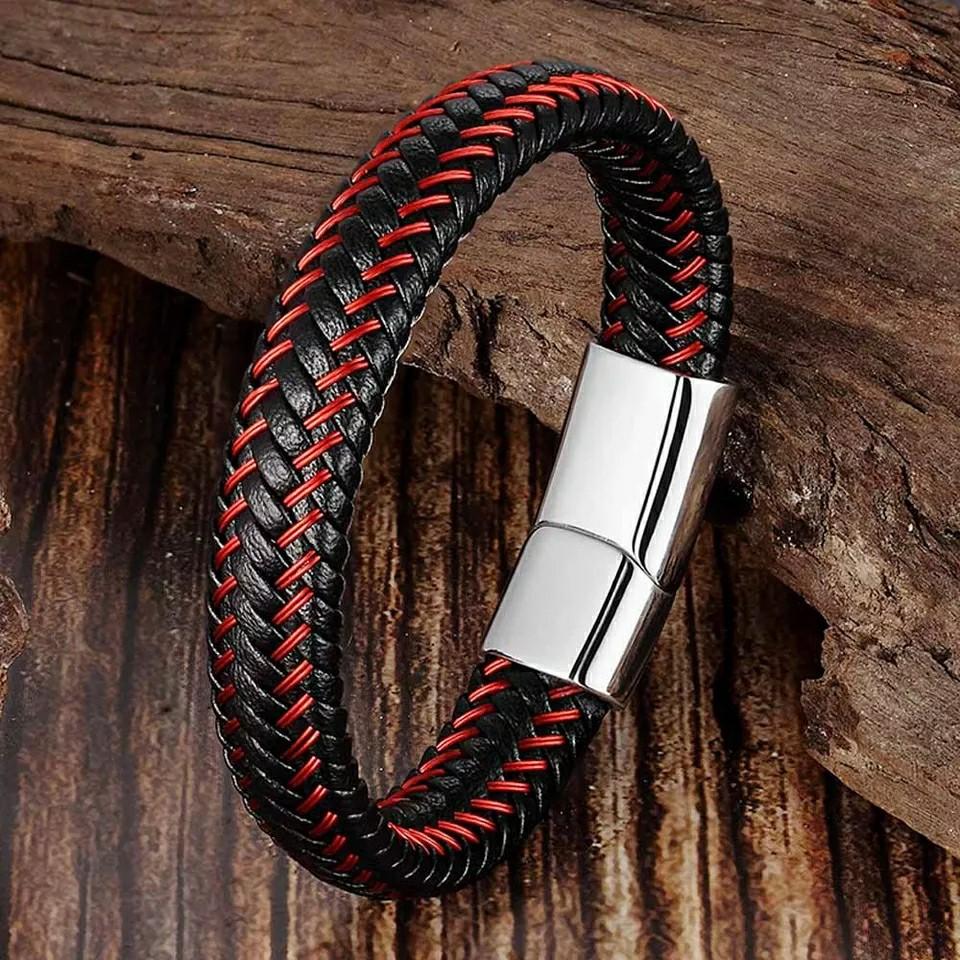 Trendy Men Jewelry Red Rope pu Leather Bracelet Black Magnetic
