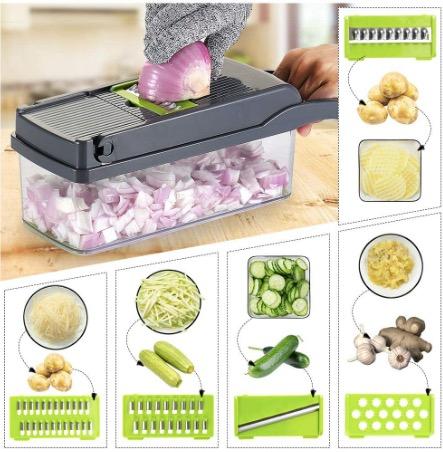 Vegetable Chopper Mandoline Slicer Cutter Chopper and Grater 13 in 1 Vegetable Slicer Potato Onion Chopper Veggie Chopper Dicer with Container Green