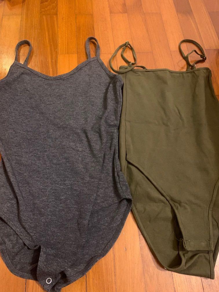 basic bodysuits (Category: Sleeveless) located in Singapore. Submitted by cheeseballs (Listing ID 1035513044, Image 1). Description: grey - from F21 size S, bnwot olive green - from a preorder, size s bnwt both fit UK 6-8 grey one has a round neckline with low back (see last pic), super pretty olive one has a square neckline and adjustable straps both are quite body-hugging but stretchable one for $8, both for $15.