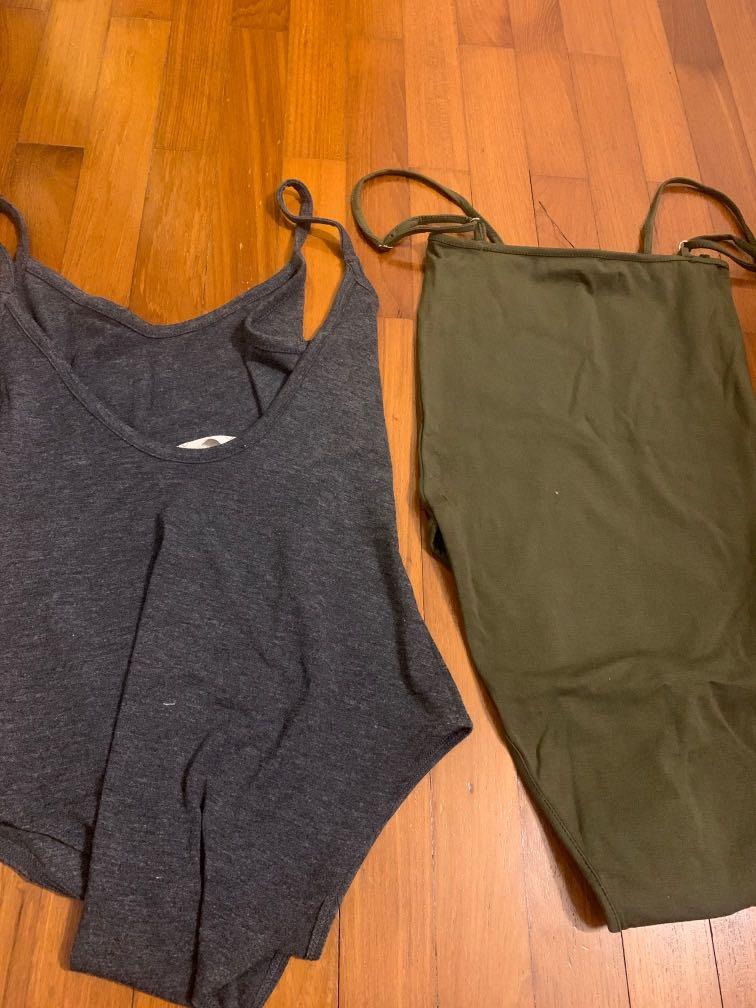 basic bodysuits (Category: Sleeveless) located in Singapore. Submitted by cheeseballs (Listing ID 1035513044, Image 3). Description: grey - from F21 size S, bnwot olive green - from a preorder, size s bnwt both fit UK 6-8 grey one has a round neckline with low back (see last pic), super pretty olive one has a square neckline and adjustable straps both are quite body-hugging but stretchable one for $8, both for $15.