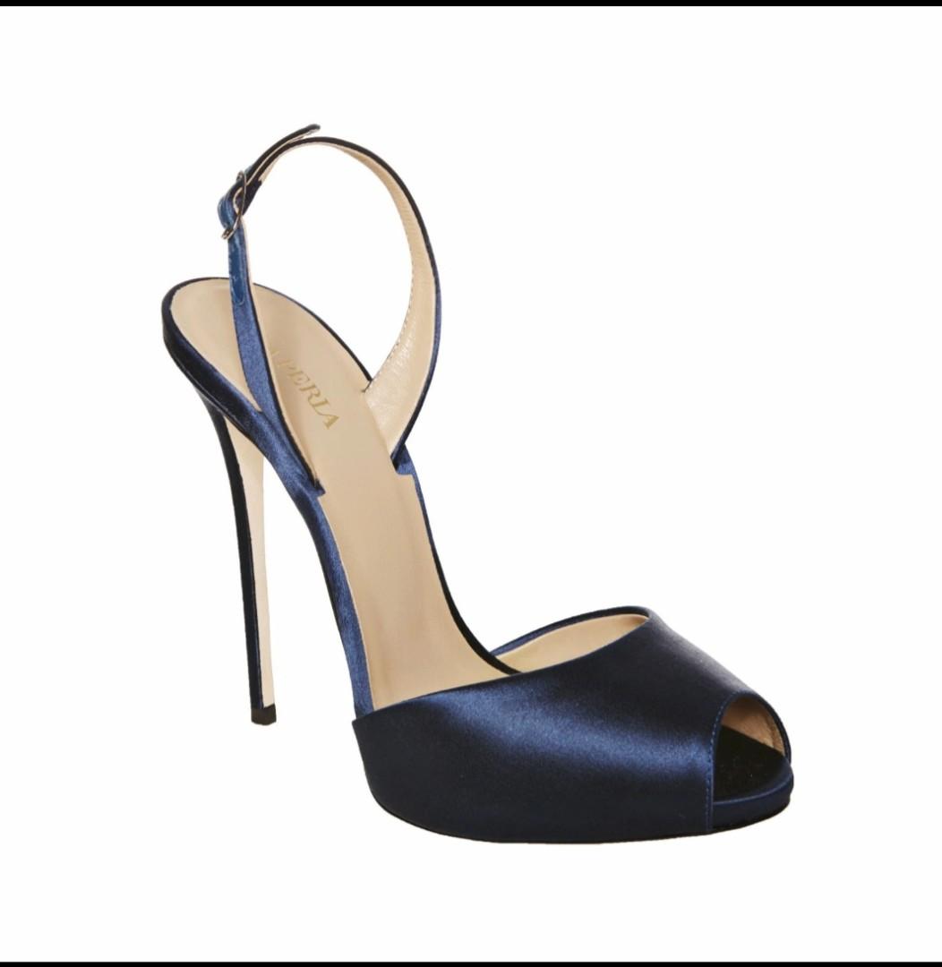 BRAND NEW LA PERLA SCRPE SATIN SILK SLING BACK PEEP TOES HIGH HEELS IN BLUE  全新高跟鞋/晚裝, 女裝, 鞋, 高跟鞋- Carousell