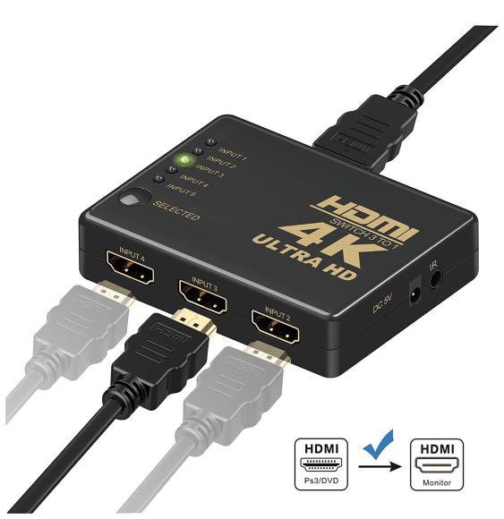 HDMI Switch Supports 4K GANA Intelligent 5 in 1 Out HDMI Splitter Full HD1080p 3D with IR Remote for PS3 PS4 Apple TV Roku Fire TV Blu Ray DVD Player Black TV Home Appliances TV Entertainment
