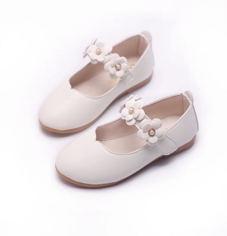 Toddler girl cream Color covered Shoes with flower design strap size 26