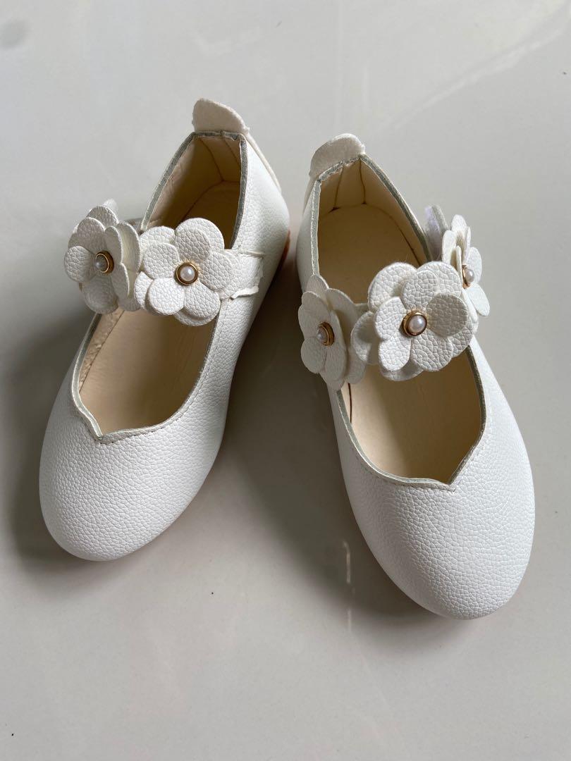 Toddler girl cream Color covered Shoes with flower design strap size 26