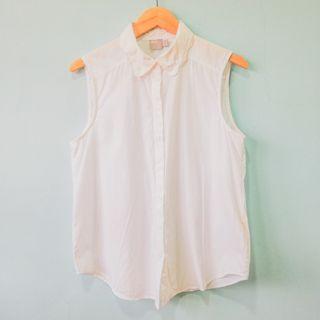 ✨[White Blouse]✨Plain Collared Neck Long Sleeveless Less See through ASOS Blouse