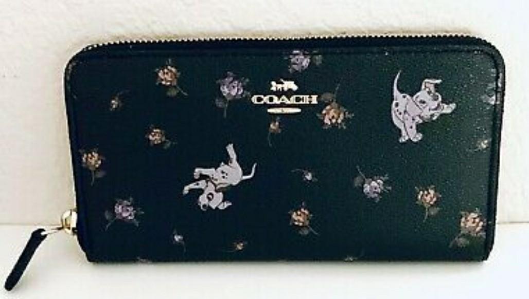 authentic DISNEY X COACH ACCORDION ZIP WALLET WITH DALMATIAN FLORAL PRINT COACH 91743 IM BLACK MULTI