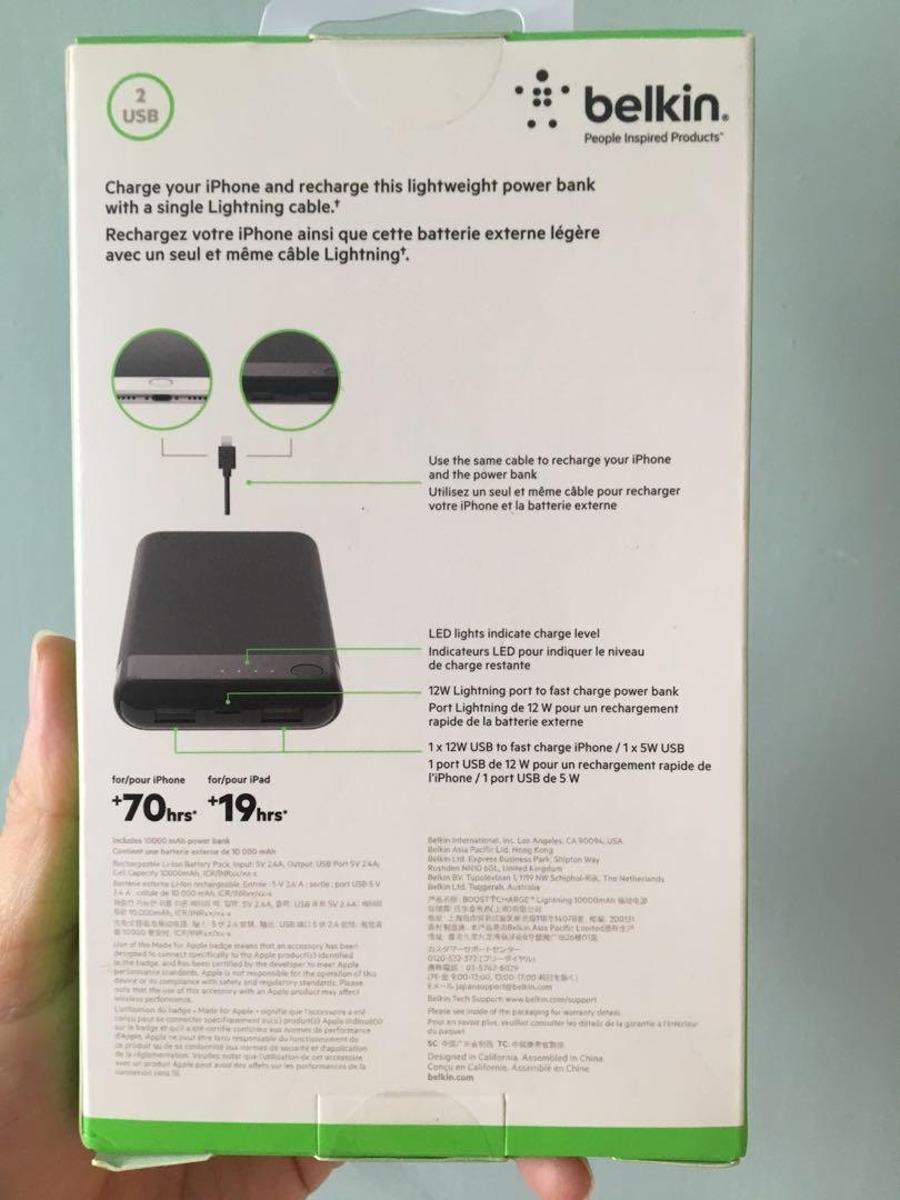 行動充電器 Belkin Power Bank (10k + Lightning Connector )100全新, 手提電話, 電話及其他