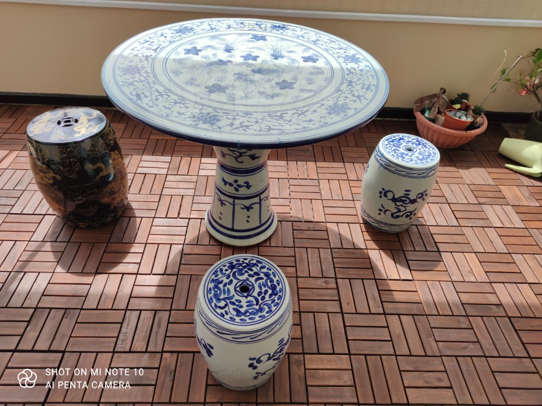 Chinese Porcelain table with 3 stools balcony outdoor Furniture