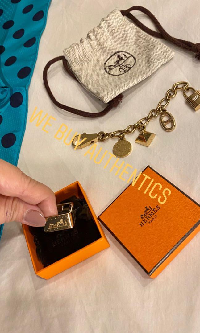 Hermes Gold Scarf Ring (Category: Luxury Accessories) located in Manila. Submitted by buyauthentics (Listing ID 1035701086, Image 1). Description: BRAND NEW Authentic Hermes Scarf Ring Very rare design!!! (still with plastic seal).