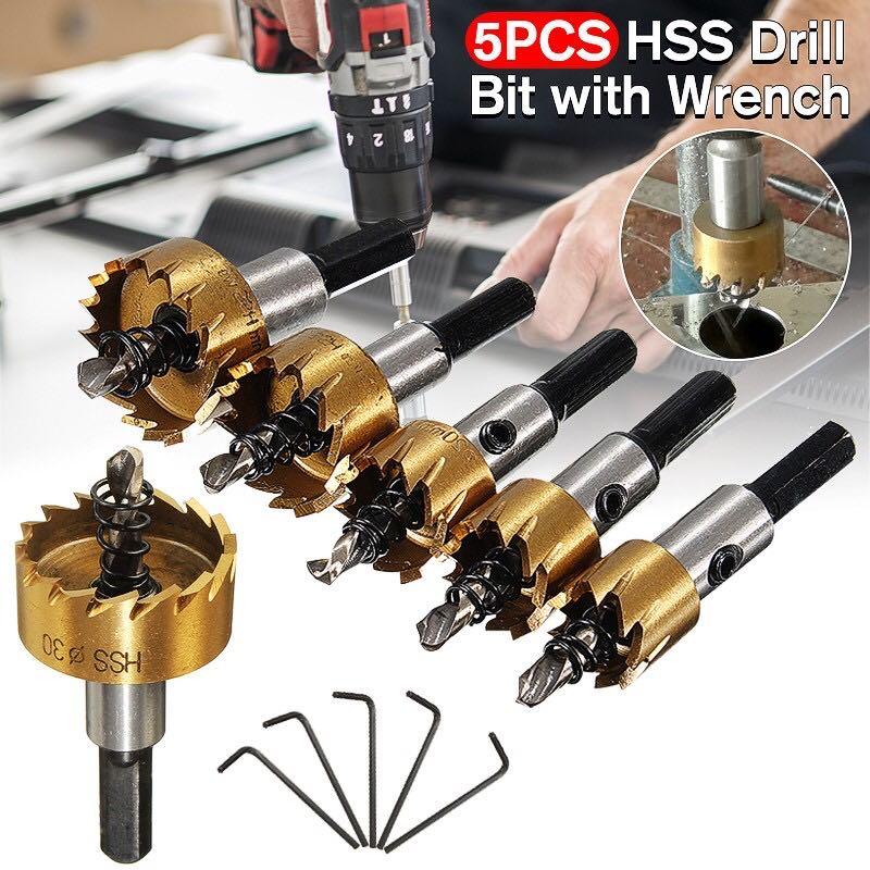 5Pcs/Set 16-30mm HSS Drill Bit Hole Saw Cutter Wrench Set Steel Wood Metal Alloy 