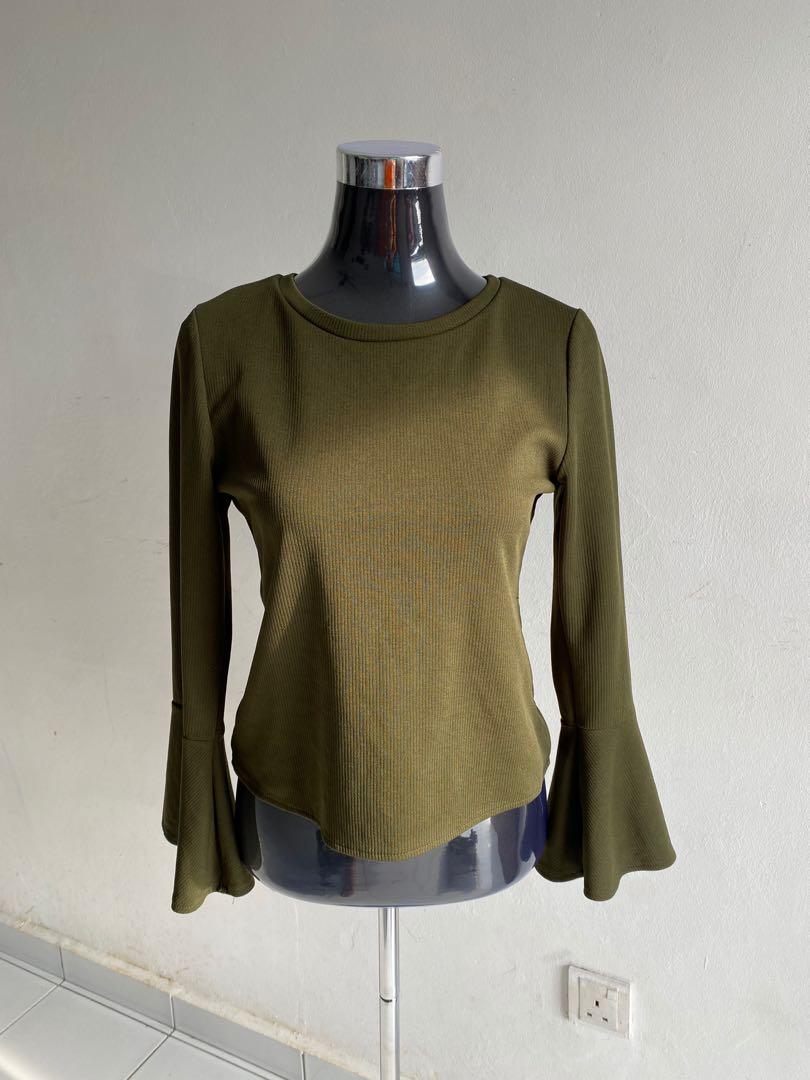 Army Green Top Blouse Lengan Kembang Saloma Women S Fashion Clothes Tops On Carousell