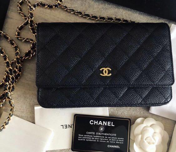 gold chanel wallet on chain caviar