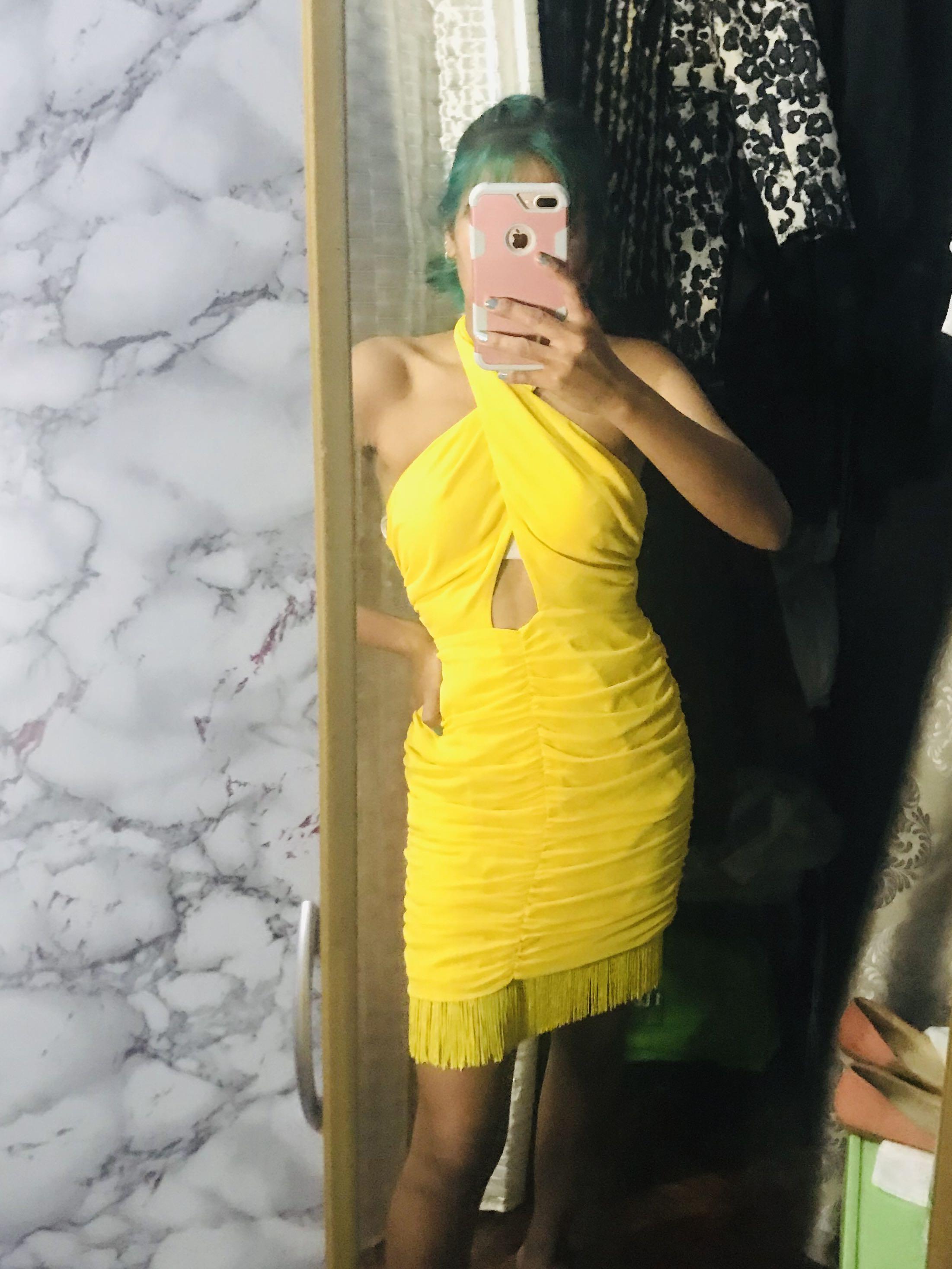 Forever 21 Yellow Fringed Ruched Halter Dress S, Women's Fashion, Dresses u0026  Sets, Dresses on Carousell