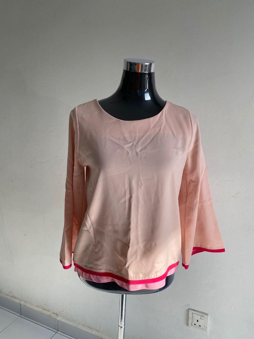 Pink Plain Lengan Kembang Saloma Top Women S Fashion Clothes Tops On Carousell