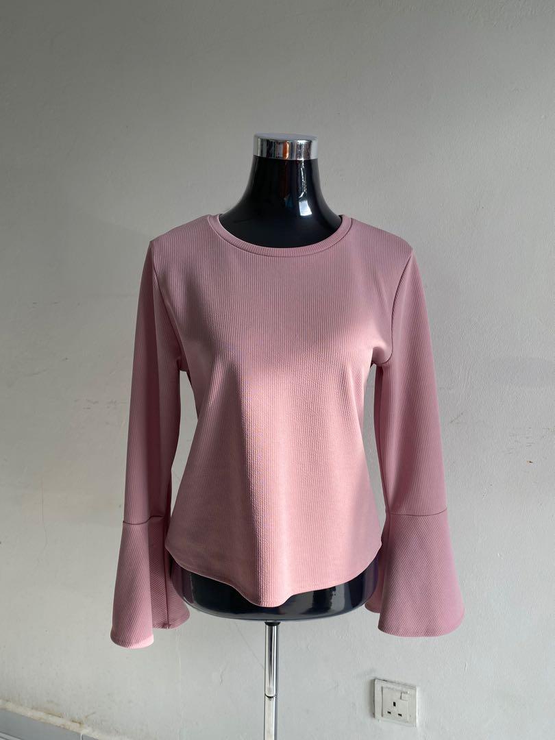 Plain Pink Top Blouse Lengan Kembang Saloma Women S Fashion Clothes Tops On Carousell