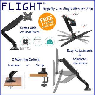 Flight Lite LCD Single Monitor Arm, Vesa Mount With 2xUSB! Height Adjustable Support Stand Desk mount, Swivel 1 Screen