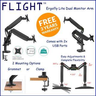 Flight Lite LCD Dual Monitor Arm, Vesa Mount With 2xUSB! Height Adjustable Support Stand Desk mount, Swivel 1 Screen