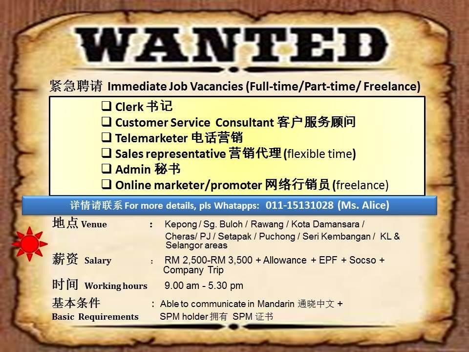 Immediate Job Vacancies In Klang Valley Area Full Time Part Time Freelance Jobs Part Time Sales Retail Marketing On Carousell