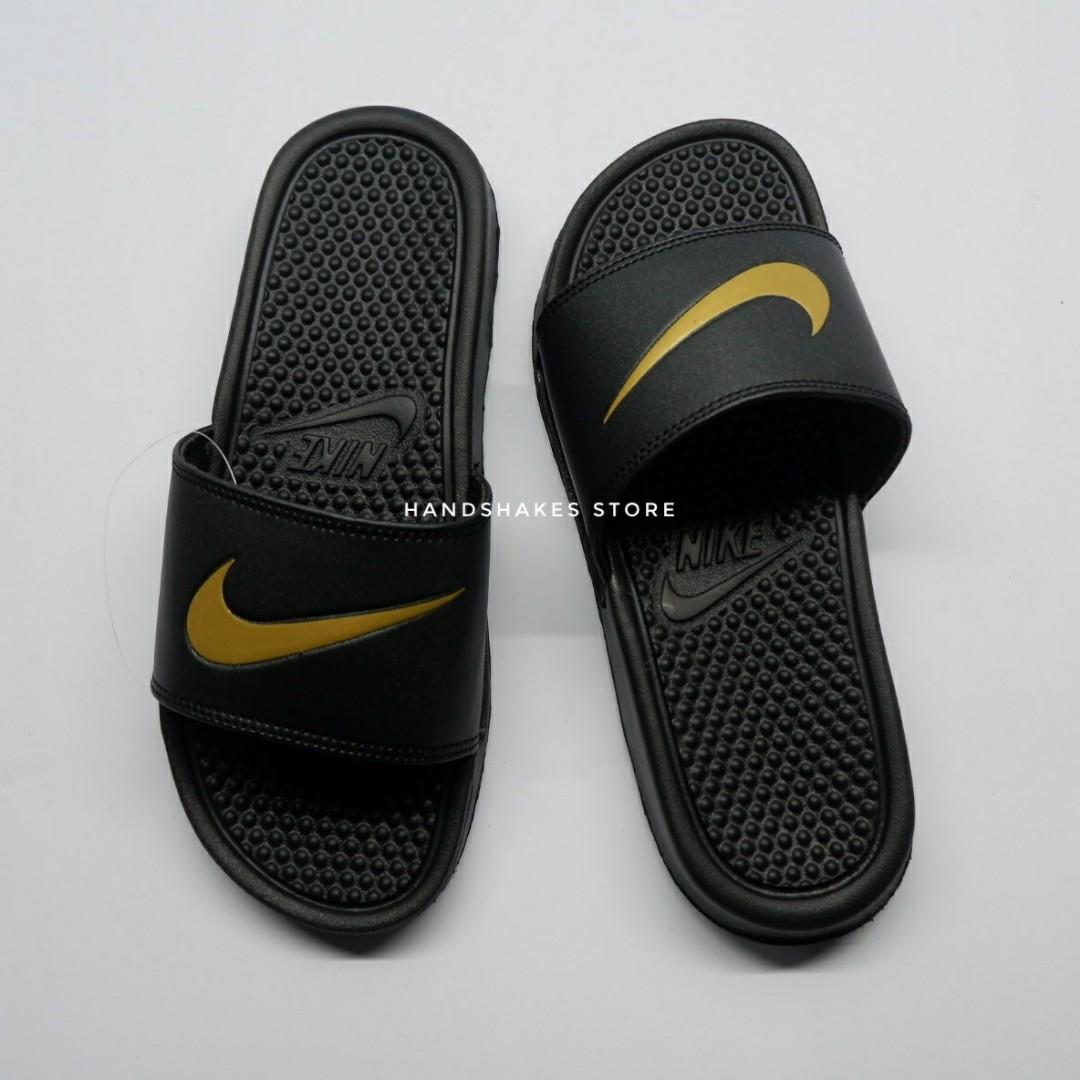 Nike Benassi Slides Swoosh Gold, Fesyen Pria, Sepatu , Sandal di Carousell