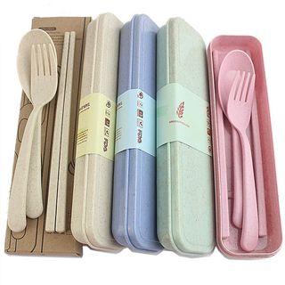 [Ready Stock] Eco-Friendly Kids Baby Wheat Portable 3pc Utensil Tableware ( Fork Spoon Chopstick)