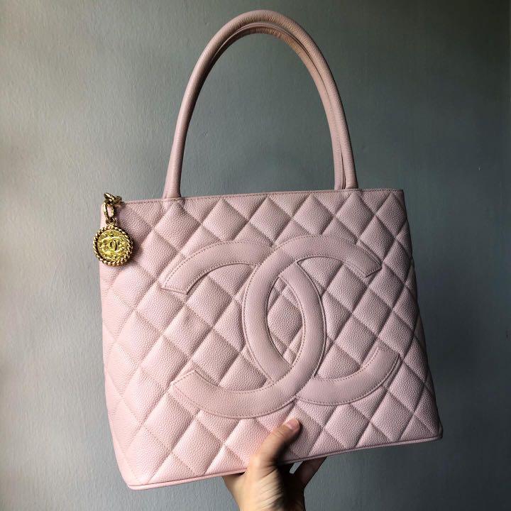 Authentic Chanel *VERY RARE* Lilac Pink Medallion Tote in Caviar Leather w  24k Gold Hardware