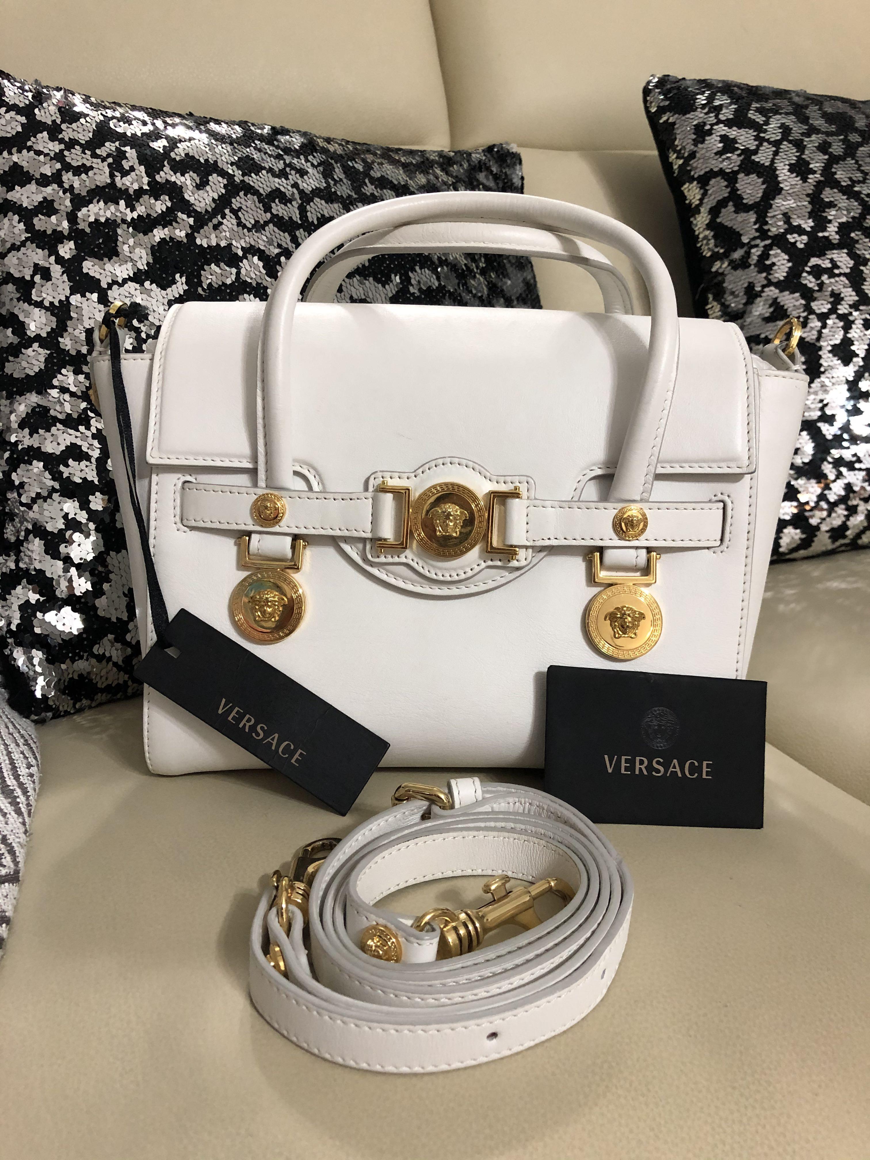 Authentic Versace white leather gold medallion shoulder bag
