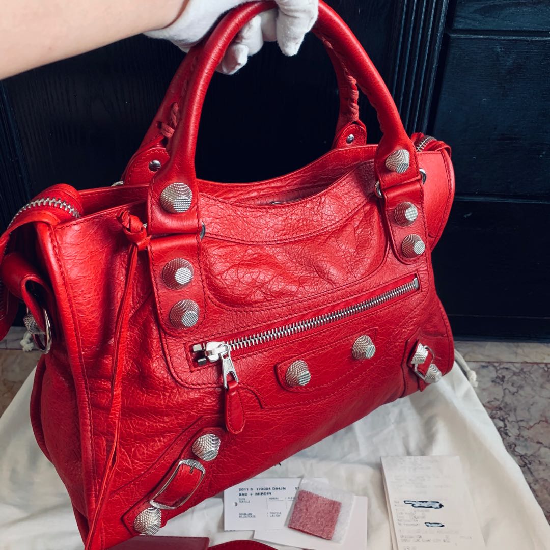 Balenciaga red giant studs City Bag authentic, Luxury, Bags & Wallets on Carousell