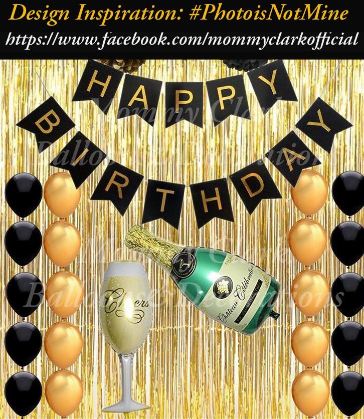 Birthday Decor (Category: Occasions & Party Supplies) located in Manila. Submitted by mommyclark (Listing ID 1032709968, Image 1). Description: Black and Gold Birthday Theme php399 Set Includes: 1 HBD Bunting Banner 10 Black Regular Balloon 12'' 10 Gold Regular Balloon 12'' 1 Wine Glass 36'' 1 Champaigne Bottle 36'' 1 Adhesive Glue Dots 🎂🎉Congratulations!!!! 🥳You are a year older!!!! 🤛BE YOUR OWN PARTY PLANNER🎉 🌸Easy and Fast #DIY #DECOR fo