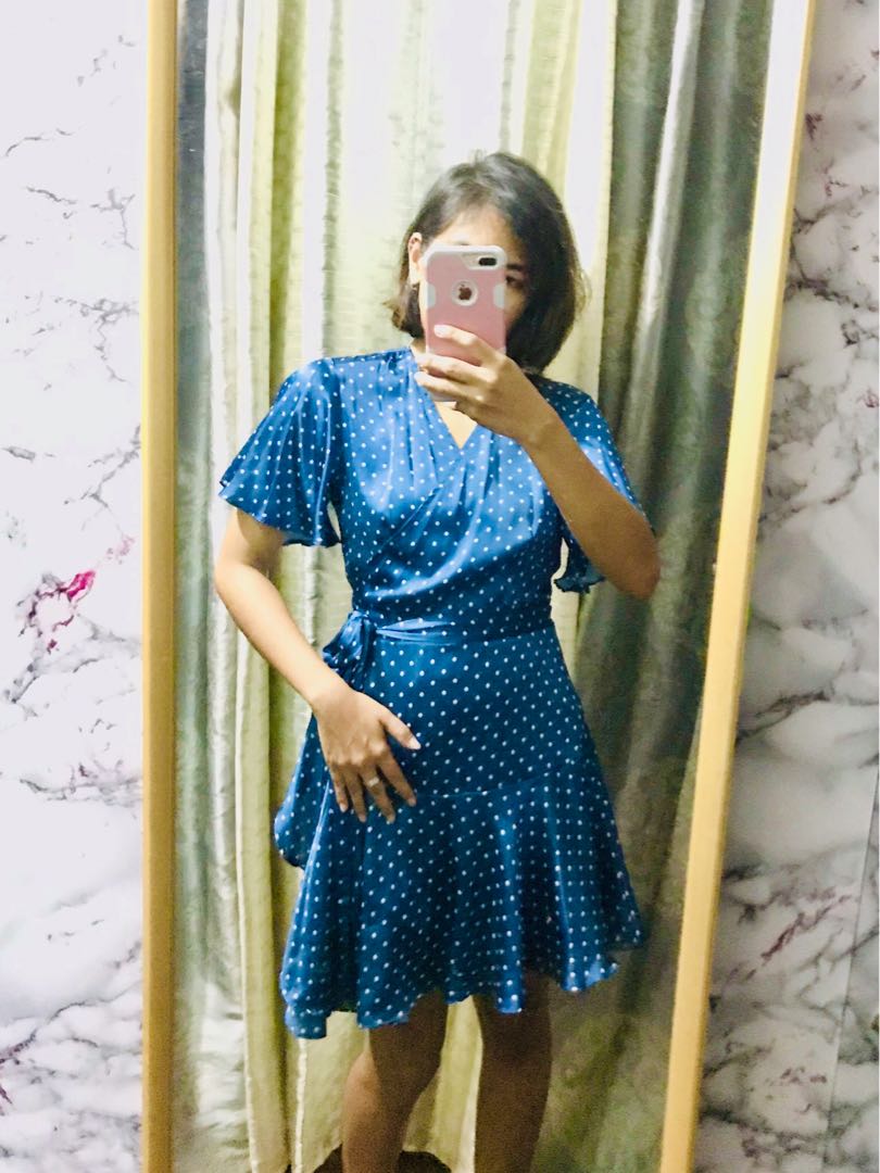 blue satin polka dot dress