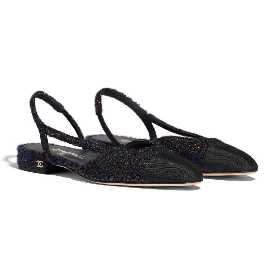 Chanel Tweed & Grosgrain Navy Blue, Black & Gold Slingback Flats, Luxury,  Sneakers & Footwear on Carousell
