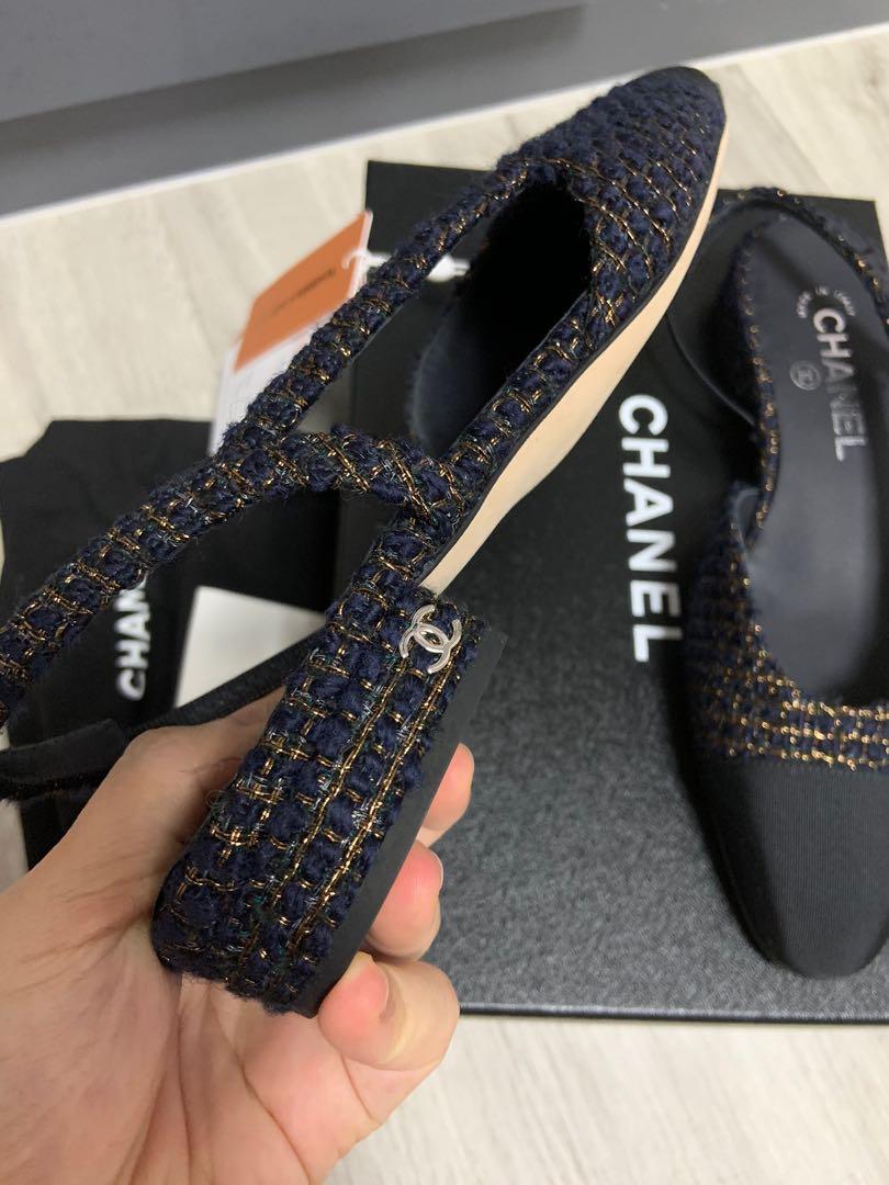Chanel Tweed & Grosgrain Navy Blue, Black & Gold Slingback Flats