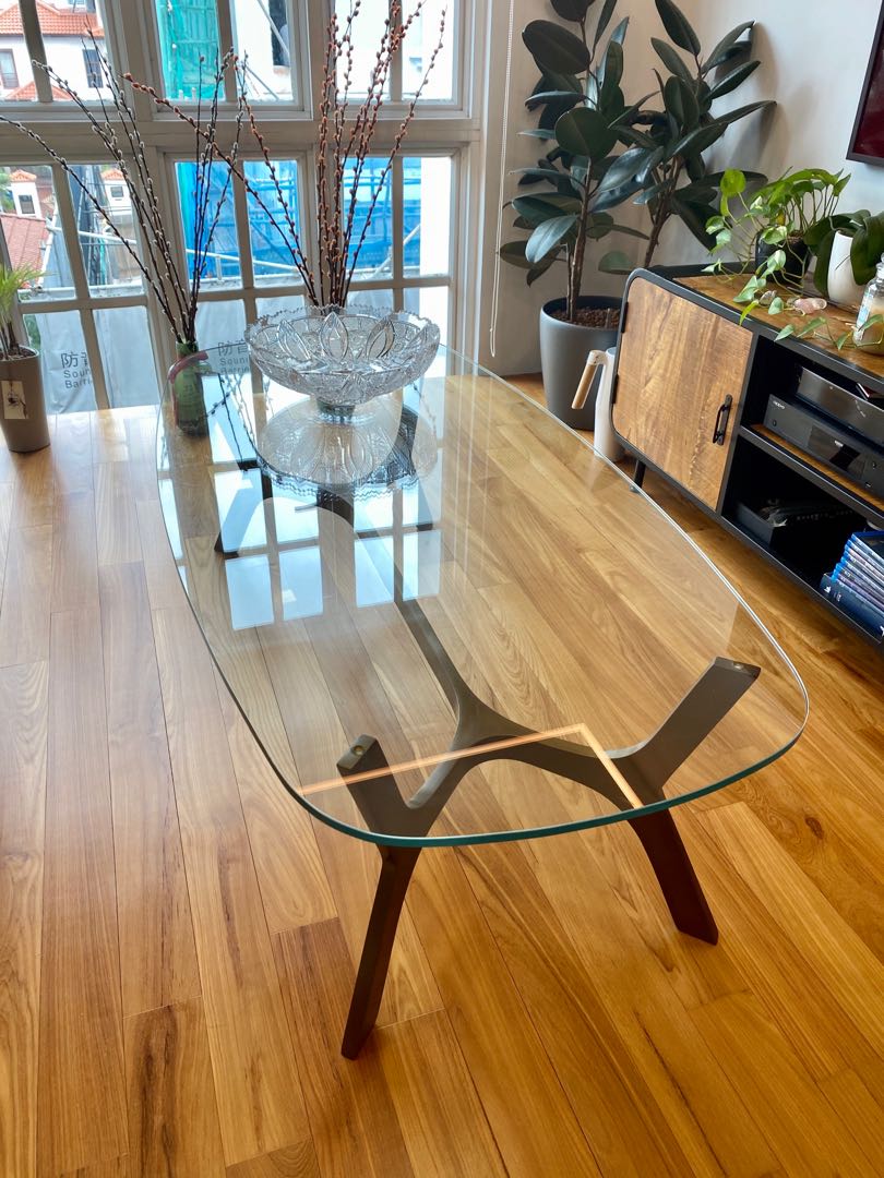 Crate Barrel Elke Glass Coffee Table with Brass Bass Furniture