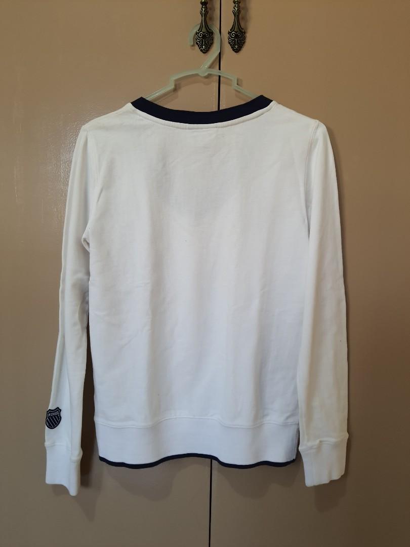 K-swiss White Tennis Sweater (Category: Others Tops) located in Muntinlupa City. Submitted by heylynmay (Listing ID 1032634190, Image 2). Description: For Sale! Authentic K-Swiss White Sweater Tag says Small, but would fit XS frames better (very nice fit) 100% Cotton Material Longsleeves Classic preppy design Gently worn (Used 3x only) Honest Issue: with light yellow dirt on the right shoulder due to storage. Not noticeable, really, and can be re