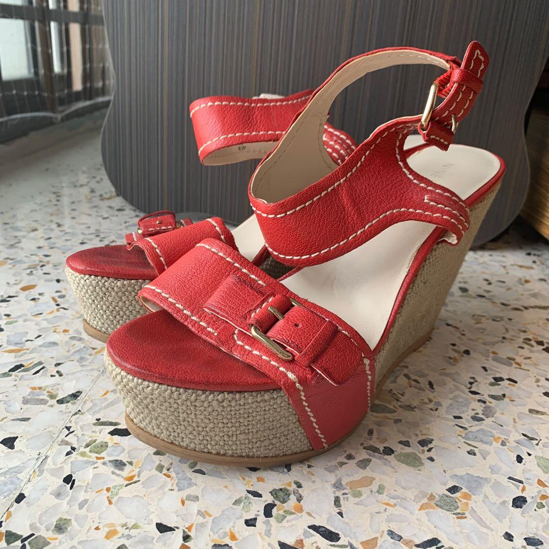 Branded Nine West Leather Red Platform Strappy Buckle Wedges Heels