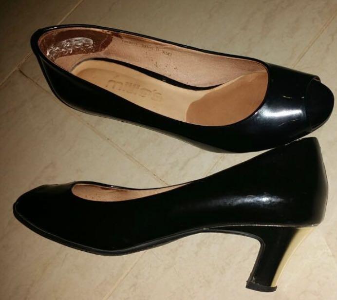 black leather peep toe heels