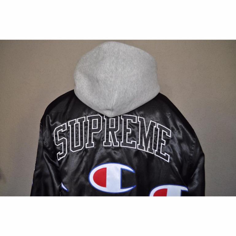 Supreme Champion Hooded Satin Varsity Jacket Black Men s Fashion