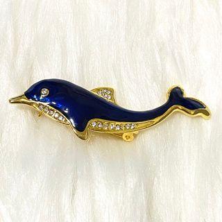 Vintage Gold & Blue Rhinestones Dolphin Brooch