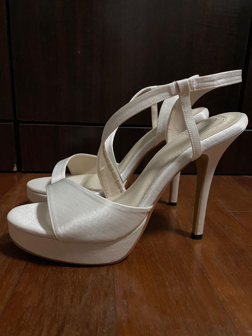 White Satin Heels Women s Fashion Footwear Heels on Carousell