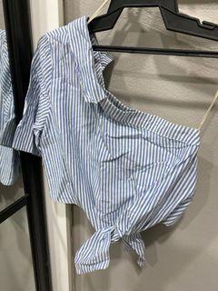 Zara One Shoulder Blue Striped Top