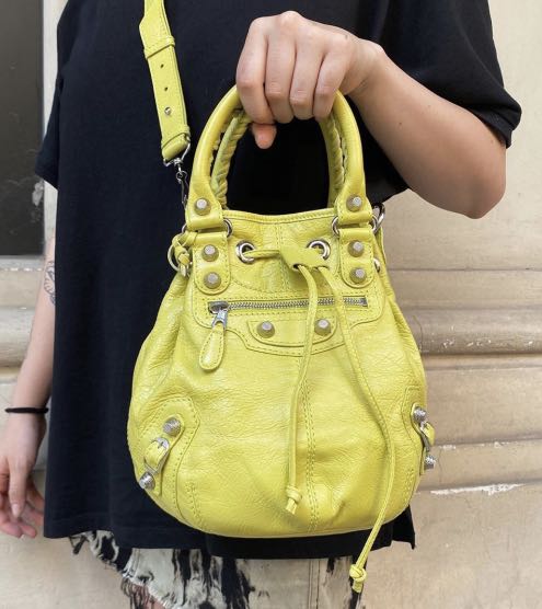 rulle Minefelt George Hanbury Balenciaga giant 12 mini pompon yellow with silver hardware, Luxury, Bags &  Wallets on Carousell