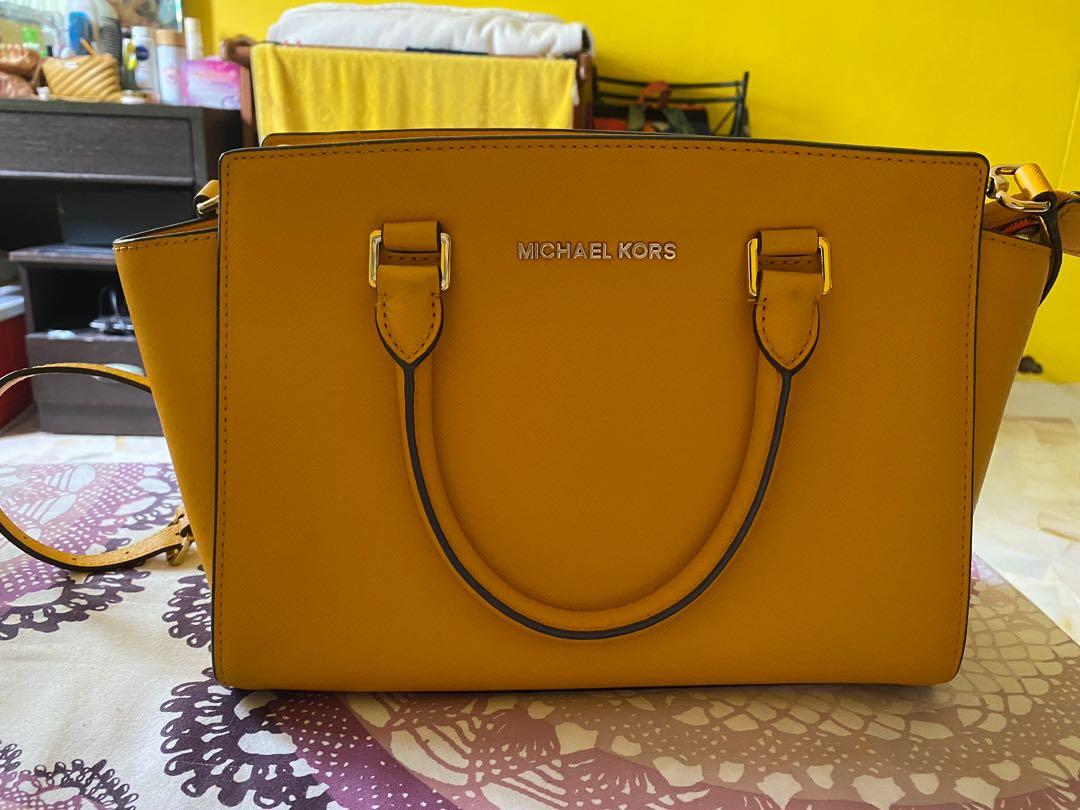 Michael Kors Medium Selma Yellow Safiano Satchel Bag Women s Fashion Bags Wallets Cross body Bags on Carousell