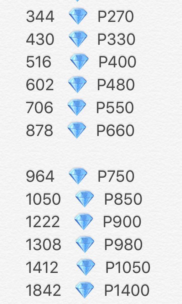 Mobile Legends Discounted Diamonds (Category: Others) located in Quezon City. Submitted by peanutbutterangeli_ (Listing ID 1036432695, Image 3). Description: ‼️ DISCLAIMER: Prices have changed (pls refer to white pic) ‼️ Pm me for more details 😉.