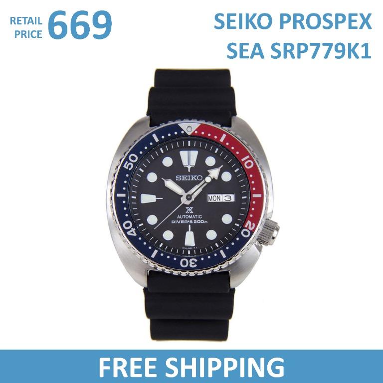 Seiko Prospex Turtle 200M Automatic Diver's SRP779K1 Men's Watch Blue and  Red Dial Black Resin Strap