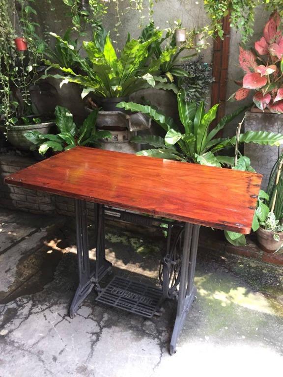 Antique Johnson Sewing Machine Table (Category: Tables & Sets) located in Quezon City. Submitted by thetaneleertivan (Listing ID 1036793428, Image 2). Description: LENGHT: 39“ or 100 cm WIDTH : 22” or 56 cm HEIGHT : 26” or 70 cm SPECIFICATIONS: RE-PURPOSE (ANTIQUE) Steel Stand and old Narra wood table top ¾” (20mm) on natural varnished finish stool sold separately Mode of payment: Meet up, Gcash, BDO/BPI online transfer/Bank deposit Delivery: Lal