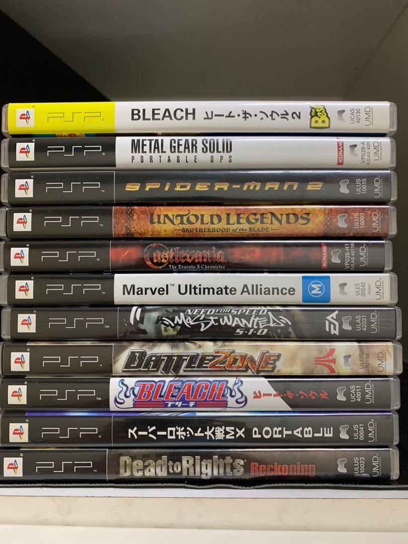 Assorted PSP Games Lot (Category: PlayStation) located in Quezon City. Submitted by at883 (Listing ID 1036757240, Image 1). Description: Php500 each All original in very good condition All with original Manual Add’l discount if you buy all six remaining games: Bleach Bleach II Need For Speed Most Wanted BattleZone Super Robot Wars MX Untold Legends Buy All Six Games for Php2,500.00 Metal Gear Solid -Sold Spider-man -Sold Castlevania -Sold Marvel 